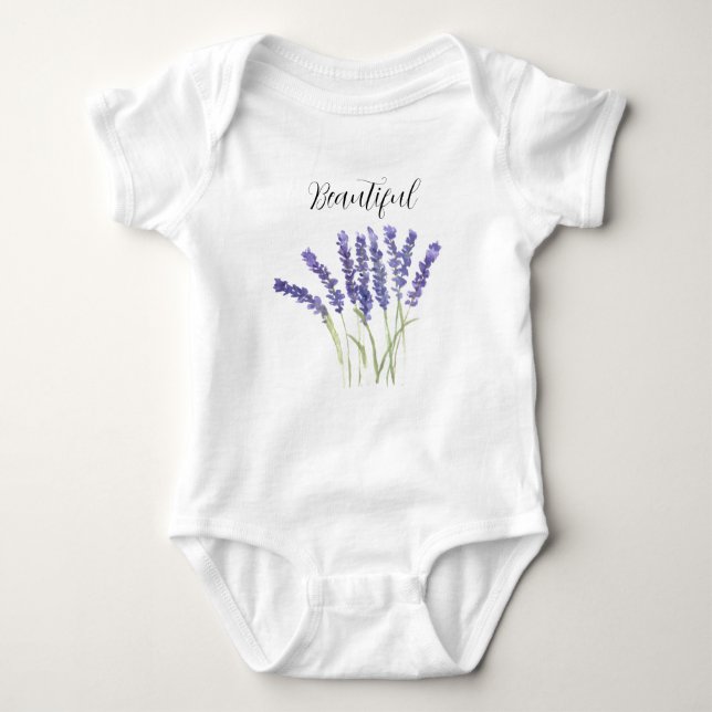 Body Para Bebê Flores de lavanda Água-forte floral roxa Fofo (Frente)
