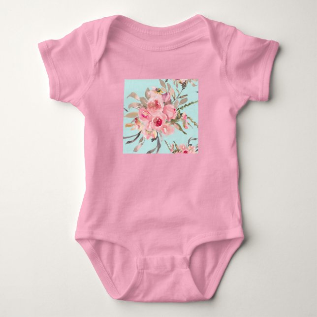 Body Para Bebê Flores Rosa Esmagadas no Azul Claro (Frente)