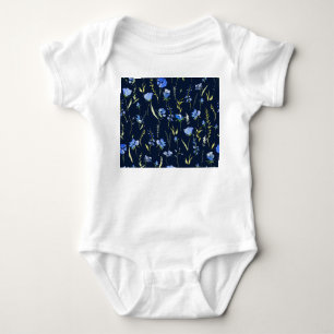 Body Para Bebê Flores Rusticas Azuis: Ilustração Botânica.