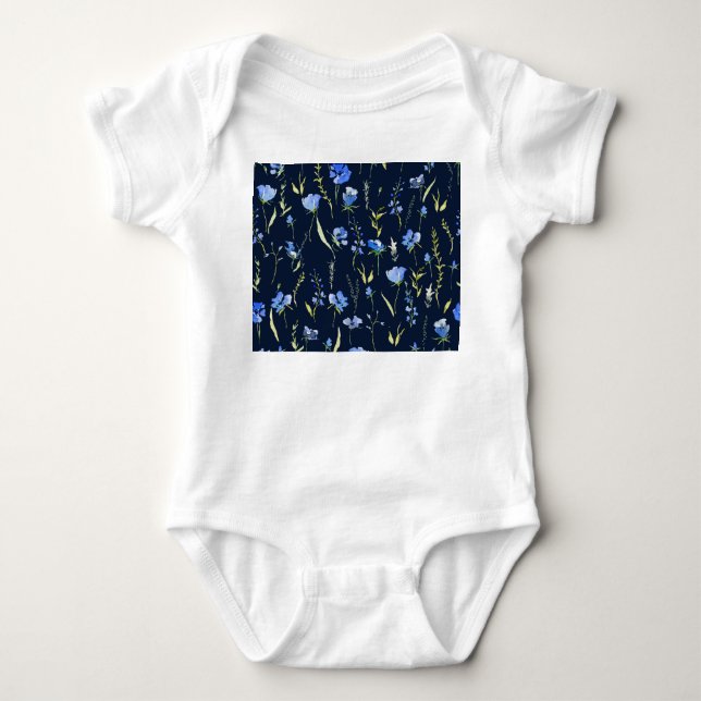 Body Para Bebê Flores Rusticas Azuis: Ilustração Botânica. (Frente)
