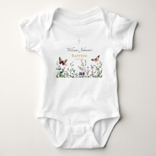 Body Para Bebê Flores silvestres e borboletas Batismo ortodoxo (Frente)
