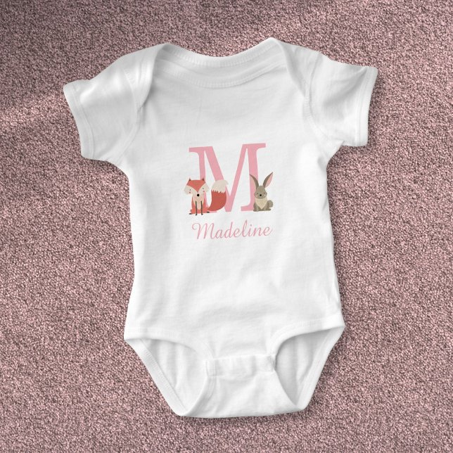Body Para Bebê Floresta Fofa de Animais da Floresta Monograma Ros (Cute Forest Woodland Animals Pink Monogram Baby Bodysuit)