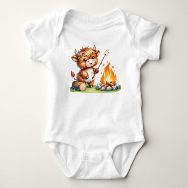 Body Para Bebê Fofa Vaca Highland Smores Acampamento (Frente)