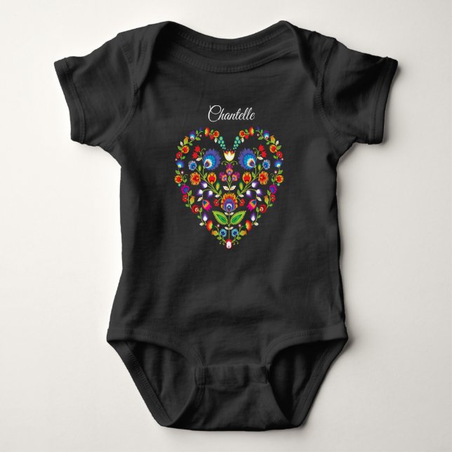 Body Para Bebê Folclore coração, estilo Wycinanki com nome (Frente)
