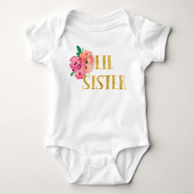 Body Para Bebê Folha Dourado floral do Bodysuit da irmã mais nova (Frente)