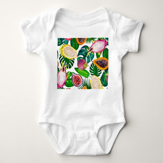 Body Para Bebê Folhas tropicais, frutas, padrão sem costura de gu (Frente)