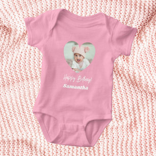 Body Para Bebê Foto coração nome aniversário menina rosa