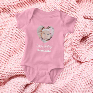 Body Para Bebê Foto coração nome aniversário menina rosa