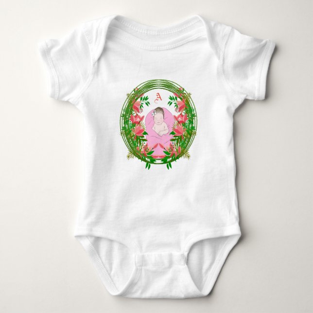 Body Para Bebê Foto Personalizada Bastante Monograma Floral Botân (Frente)