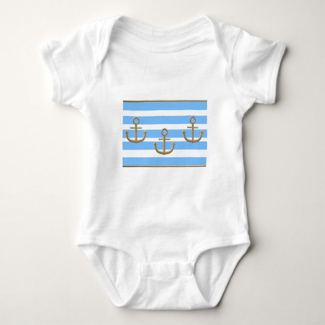 Body Para Bebê fundo branco azul da âncora dourada (Frente)