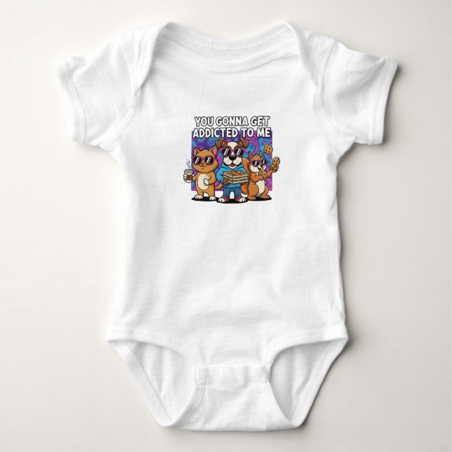 Body Para Bebê Funny Cartoon Animals "Addicted To Me" BabyT-Shirt (Frente)