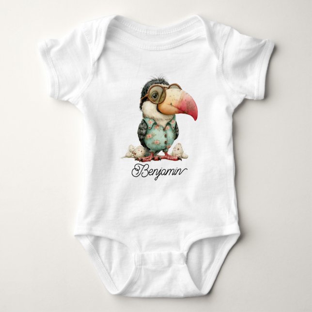 Body Para Bebê Funny Toucan Bird with Glasses (Frente)