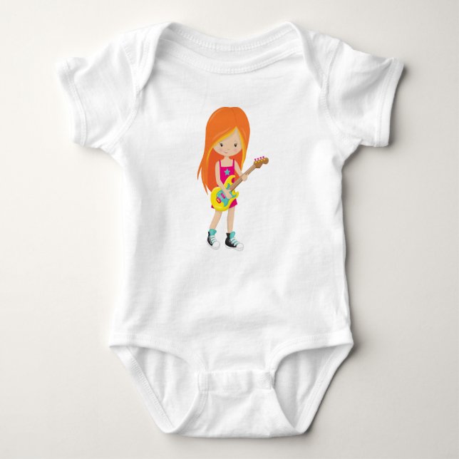 Body Para Bebê Garota de Rock, Cabelo Laranja, Toca Guitarra, Ban (Frente)