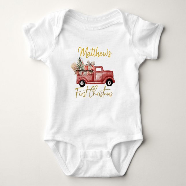 Body Para Bebê Garoto Primeiro Natal Red Truck Bebê Roupa (Frente)