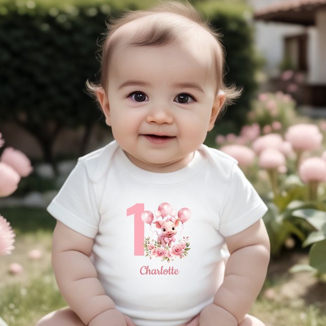 Body Para Bebê Gatina rosa-rosa Fazenda primeiro aniversario Bone (Pink Cute Pig Girl Farm 1st Birthday Baby Bodysuit)