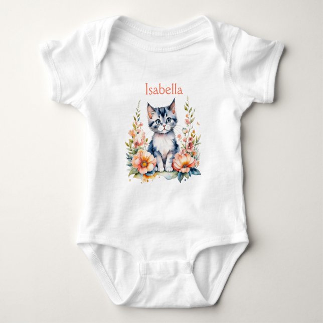 Body Para Bebê Gatinho Cinza Personalizado em Flores Rosa (Frente)