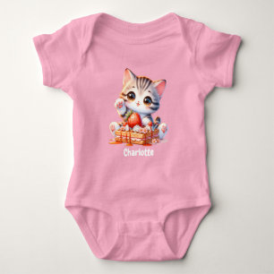 Body Para Bebê Gatinho Gato Fofo Rosa Pastel com Waffles de Sobre