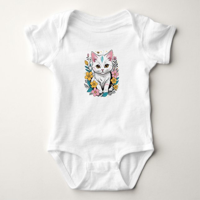 Body Para Bebê Gatinho giro com flores de primavera (Frente)