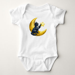 Body Para Bebê Gatinho Preto em Aquarela na Lua Crescente para Be