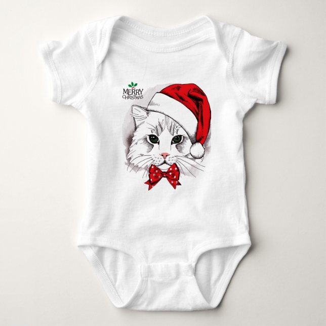 Body Para Bebê Gato Branco Bonito Feliz Natal (Frente)