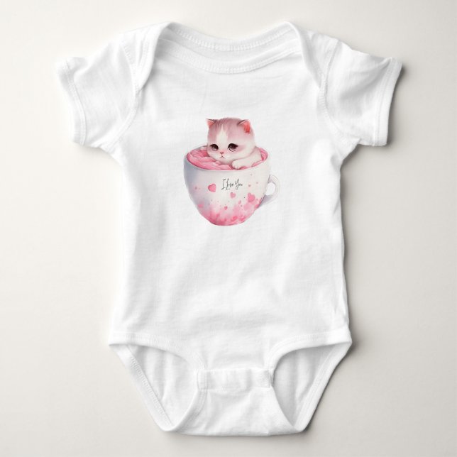 Body Para Bebê Gato branco-rosado em uma taça de chá (3) (Frente)