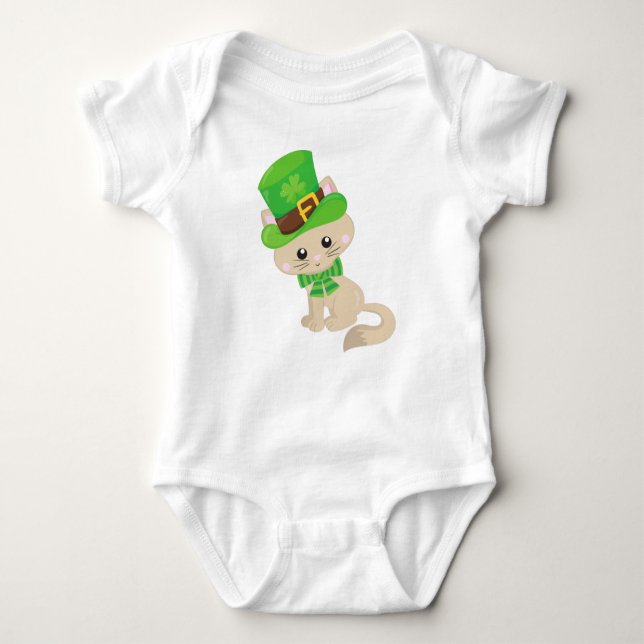 Body Para Bebê Gato do Dia de São Patrício, Chapéu de Leprechaun, (Frente)