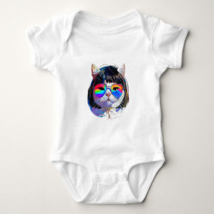 Body Para Bebê Gato em uma Peruca + Óculos de Sol (Pintura #7)