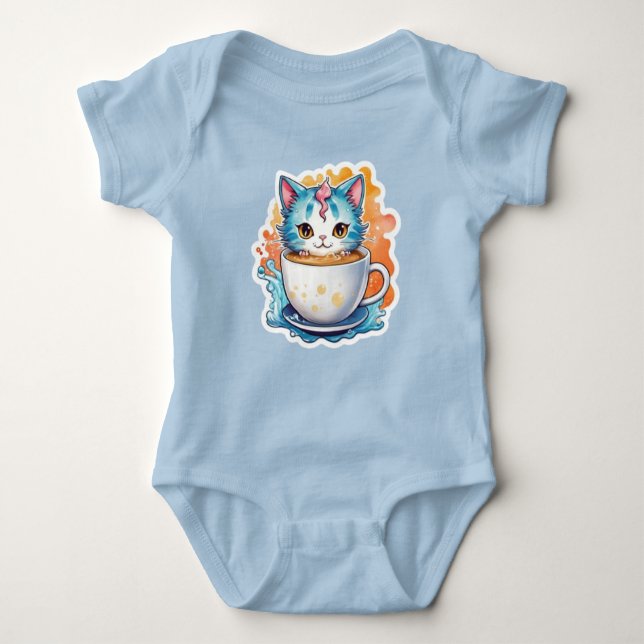 Body Para Bebê Gato Fofo Com Caneca De Café Design De Desenho-946 (Frente)
