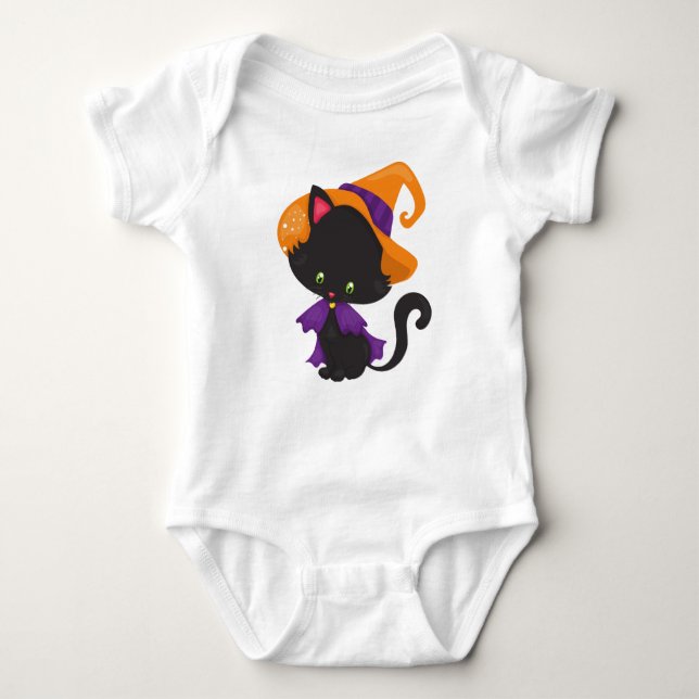 Body Para Bebê Gato Halloween, Gato Bonito, Gato Negro, Chapéu de (Frente)