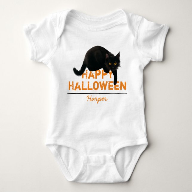 Body Para Bebê Gato Negro Feliz de Halloween Personalizado (Frente)