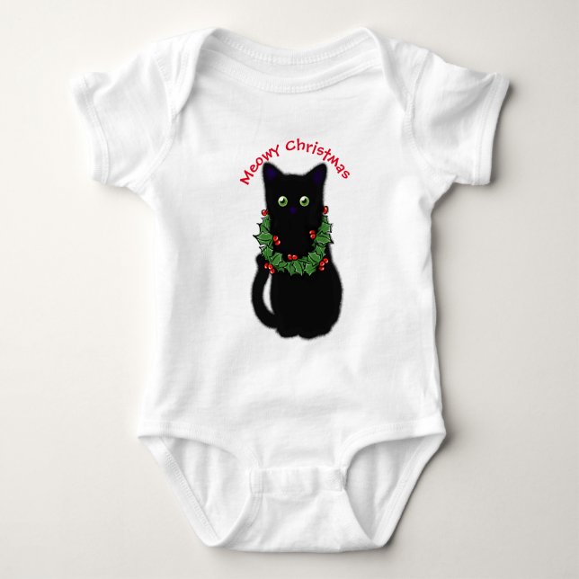 Body Para Bebê Gato negro | Meowy Christmas | Holly garland (Frente)