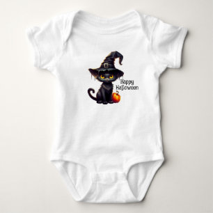 Body Para Bebê Gato preto bonito vestindo um chapéu de bruxa
