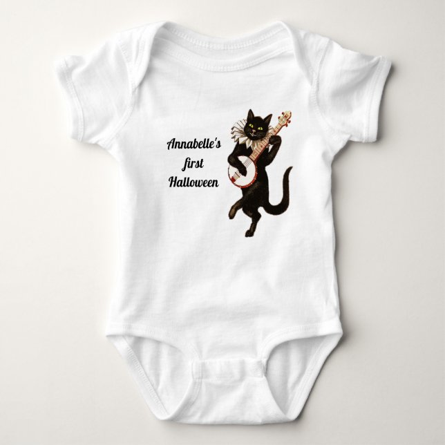 Body Para Bebê Gato Preto de Vintage Personalizado (Frente)