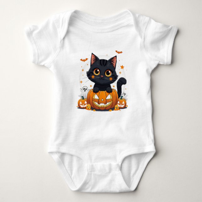 Body Para Bebê Gato Preto e Bonito de Halloween Kawaii (Frente)