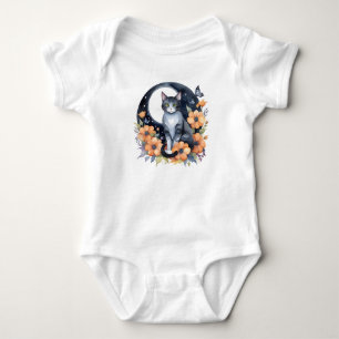 Body Para Bebê Gato Preto Elegante Arte Floral da Lua Amante de G