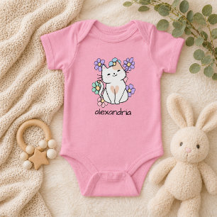 Body Para Bebê Gato Retro Fofo e Flores