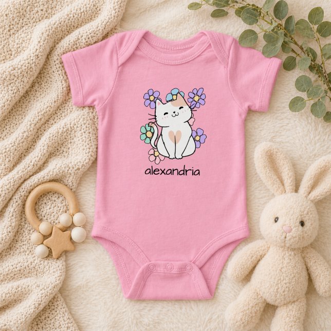 Body Para Bebê Gato Retro Fofo e Flores (Criador carregado)
