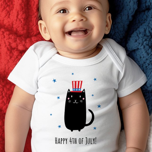 Body Para Bebê Gato vestindo um chapéu patriótico, Feliz 4 de jul (Cat wearing a patriotic hat, Happy 4th of July Baby Bodysuit)