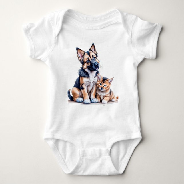 Body Para Bebê German Shepherd Puppy And Maincoon Kitten (Frente)