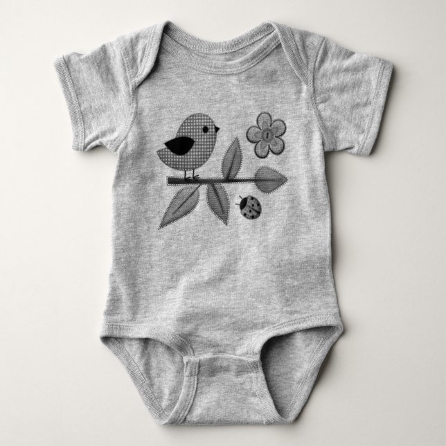 Body Para Bebê Gingham Bird e Ladybug Garden Art (Frente)