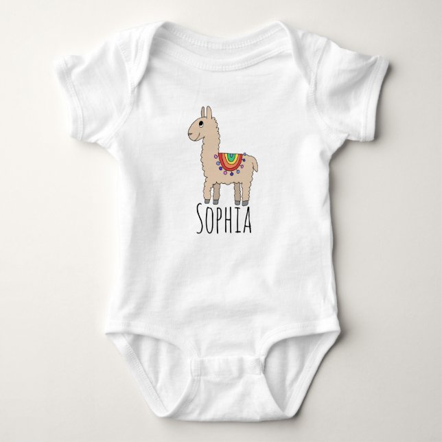 Body Para Bebê Girls Cute Rainbow Llama Cartoon and Name (Frente)