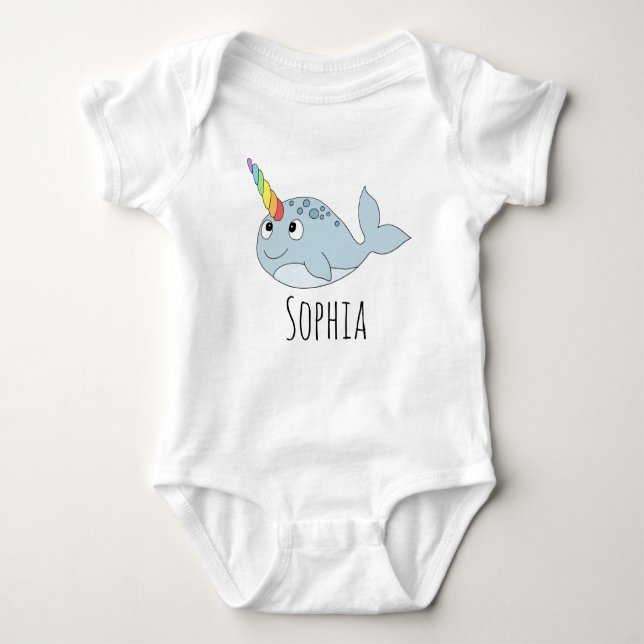 Body Para Bebê Girls Whimsical Rainbow Narwhal Cartoon e Nome (Frente)