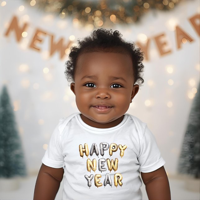 Body Para Bebê Gold Silver Balloon Letters Happy New Year (Criador carregado)