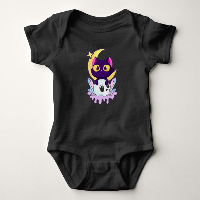 Body Para Bebê Gótico Pastel Moon Wiccan Animal Cat Skull (Frente)