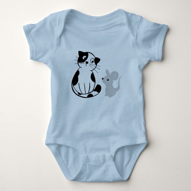 Body Para Bebê Gráfico de Gato Divertido e Rato Azul-Bebê Azul (Frente)
