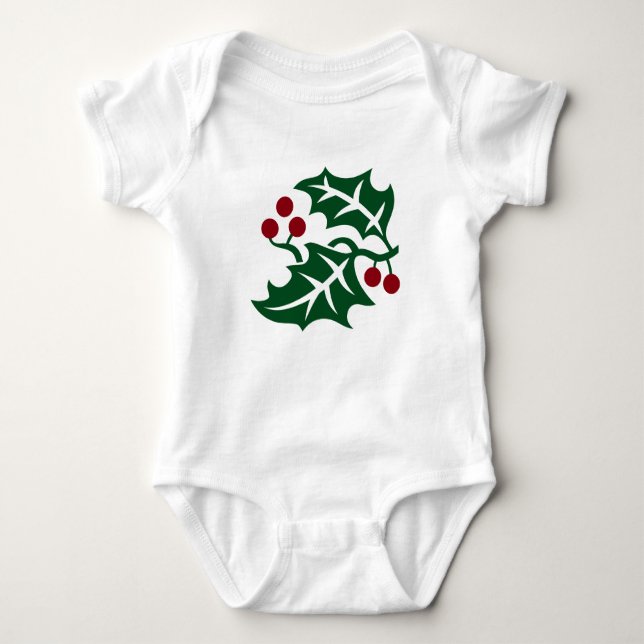 Body Para Bebê Green Holly and Red Berries Christmas Holiday (Frente)