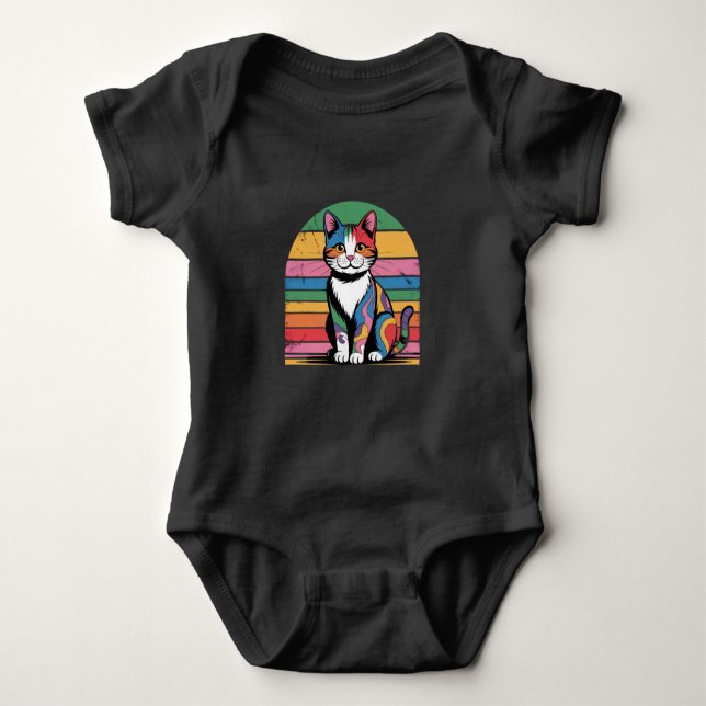 Body Para Bebê Groovy Psychedelic Cat Retro Baby T-Shirt (Frente)