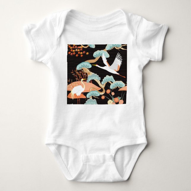 Body Para Bebê Gruas, ferões: padrão de pássaros japoneses. (Frente)