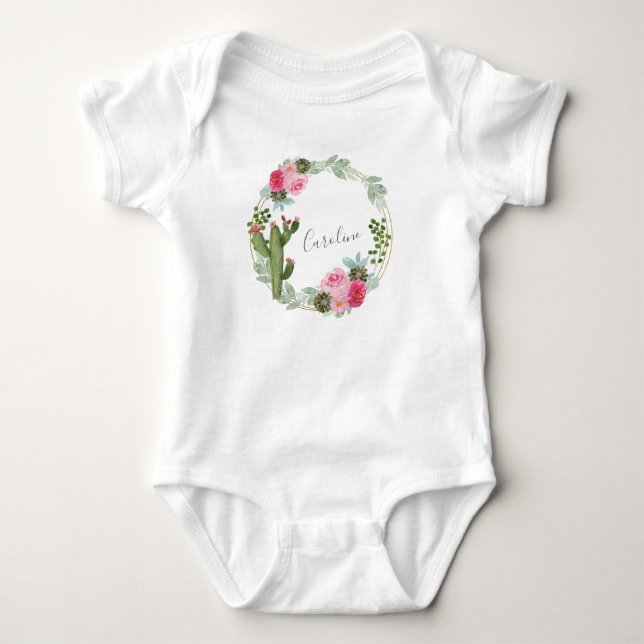 Body Para Bebê Guirlanda Floral de Cacto em Aquarela Personalizad (Frente)