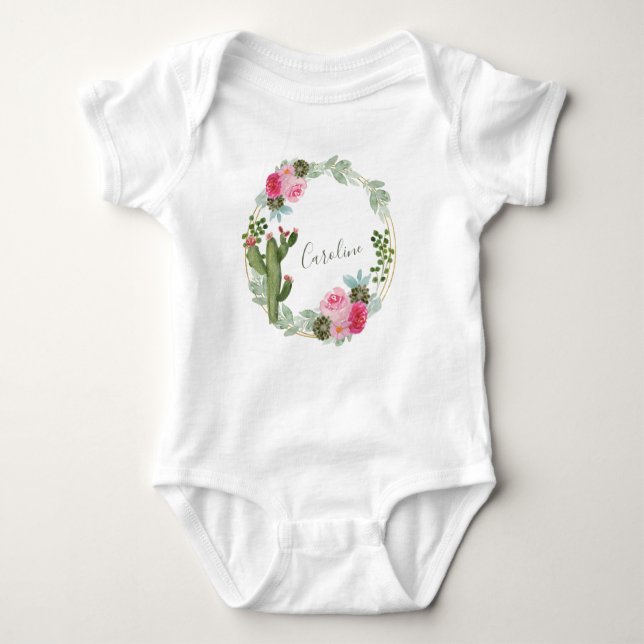 Body Para Bebê Guirlanda Floral Rosa de Cacto em Aquarela Persona (Frente)